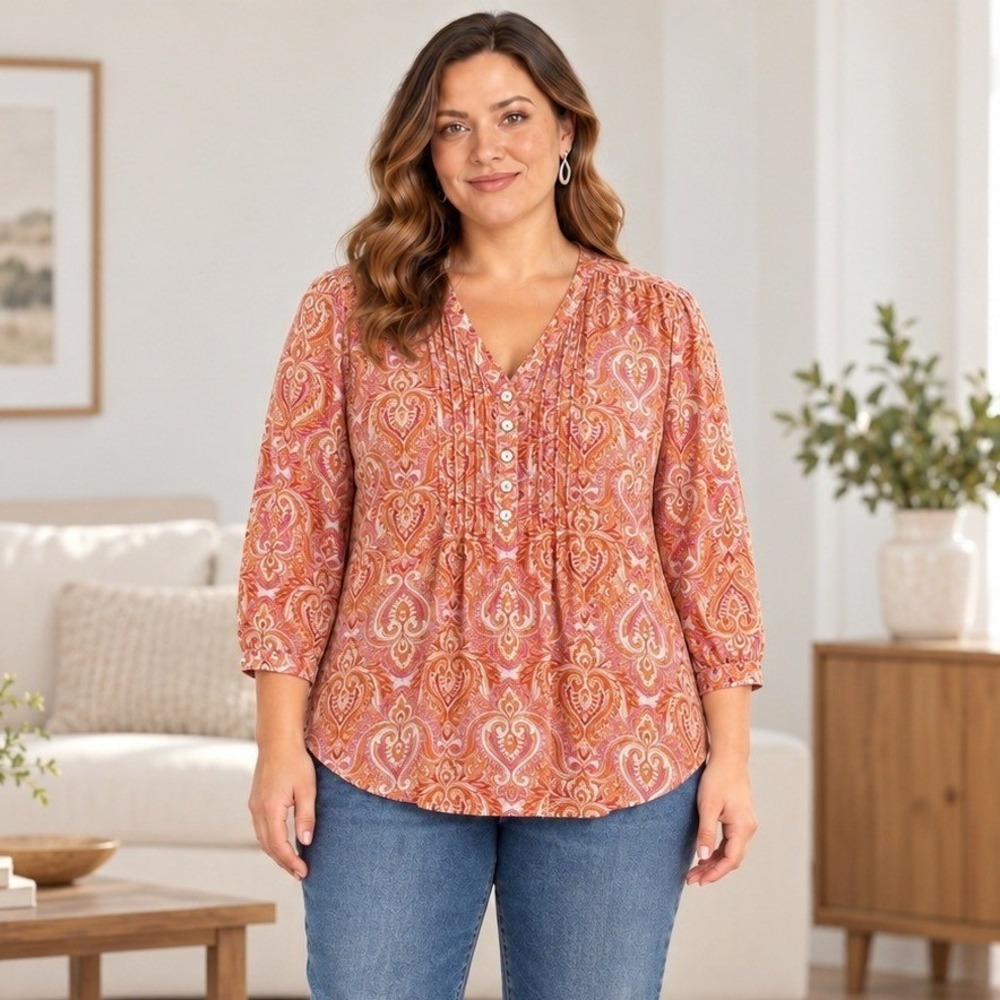 Rose + Olive Tunic Top Womens 2X Orange Paisley Boho Pintuck Button V-Neck 234